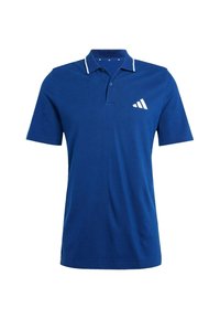 Blå kortärmad polo t-shirt med vitrandig krage och liten vit Adidas-logga på vänster bröst.