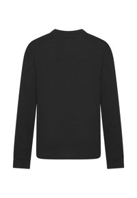 Czarny t-shirt z długim rękawem. Miękka bawełniana tkanina z okrągłym dekoltem i dopasowanymi mankietami. Gładka struktura, minimalistyczny design, brak widocznych oznaczeń.