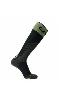 Calcetines negros hasta la rodilla con acentos verdes y sutiles patrones a rayas. Fabricados con material elástico, presentan áreas de talón y puntera reforzadas.
