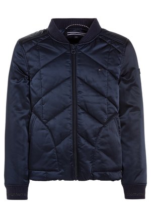 Veste bomber matelassée bleu marine avec fermeture éclair, col et poignets côtelés, poches latérales et petit logo Tommy Hilfiger sur la poitrine.