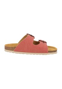 Sandal in tela rossa con due cinturini regolabili, soletta in sughero, suola beige texturizzata e dettagli ritagliati.