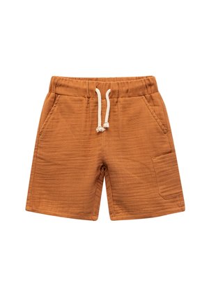 Shorts beiges en tissu texturé, avec une taille élastique et un cordon blanc. Ils disposent de deux poches latérales et d'une seule poche à patch sur la cuisse.