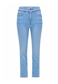 Jeans de mezclilla azul claro con cintura alta, pierna recta y cinco bolsillos. Presenta detalles de costura y un cierre de botón en la parte delantera.