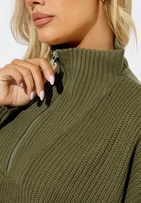 Grüner gerippter Strickpullover mit hohem Kragen und halbseitigem Reißverschluss, der ein strukturiertes Muster und einen dezenten Glanz durch die Reißverschlussbeschläge aufweist.