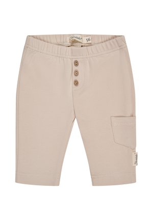 Beige cotton shorts with an elastic waistband, three wooden buttons, and a side pocket. Smooth texture with straight cut design.