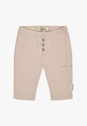Beige cotton shorts with an elastic waistband, three wooden buttons, and a side pocket. Smooth texture with straight cut design.