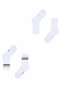 Weiße Baumwollsocken, die aus zwei Paaren bestehen: einem einfarbigen Paar und einem Paar mit schwarz-grauen Streifen. Beide haben gerippte Bündchen und gestempelte Marken. 