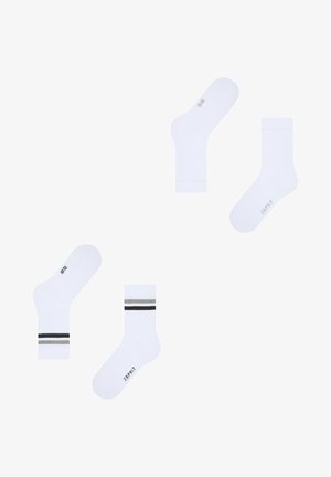Witte katoenen sokken met twee paar: één effen en één met zwart en grijze strepen. Beide hebben ribbelachtige boorden en gestempelde branding.
