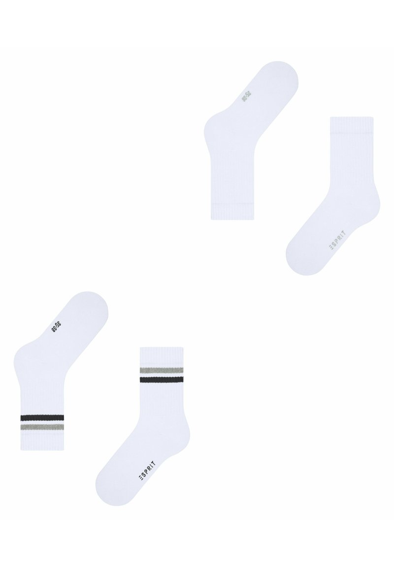 Weiße Baumwollsocken, die aus zwei Paaren bestehen: einem einfarbigen Paar und einem Paar mit schwarz-grauen Streifen. Beide haben gerippte Bündchen und gestempelte Marken. 