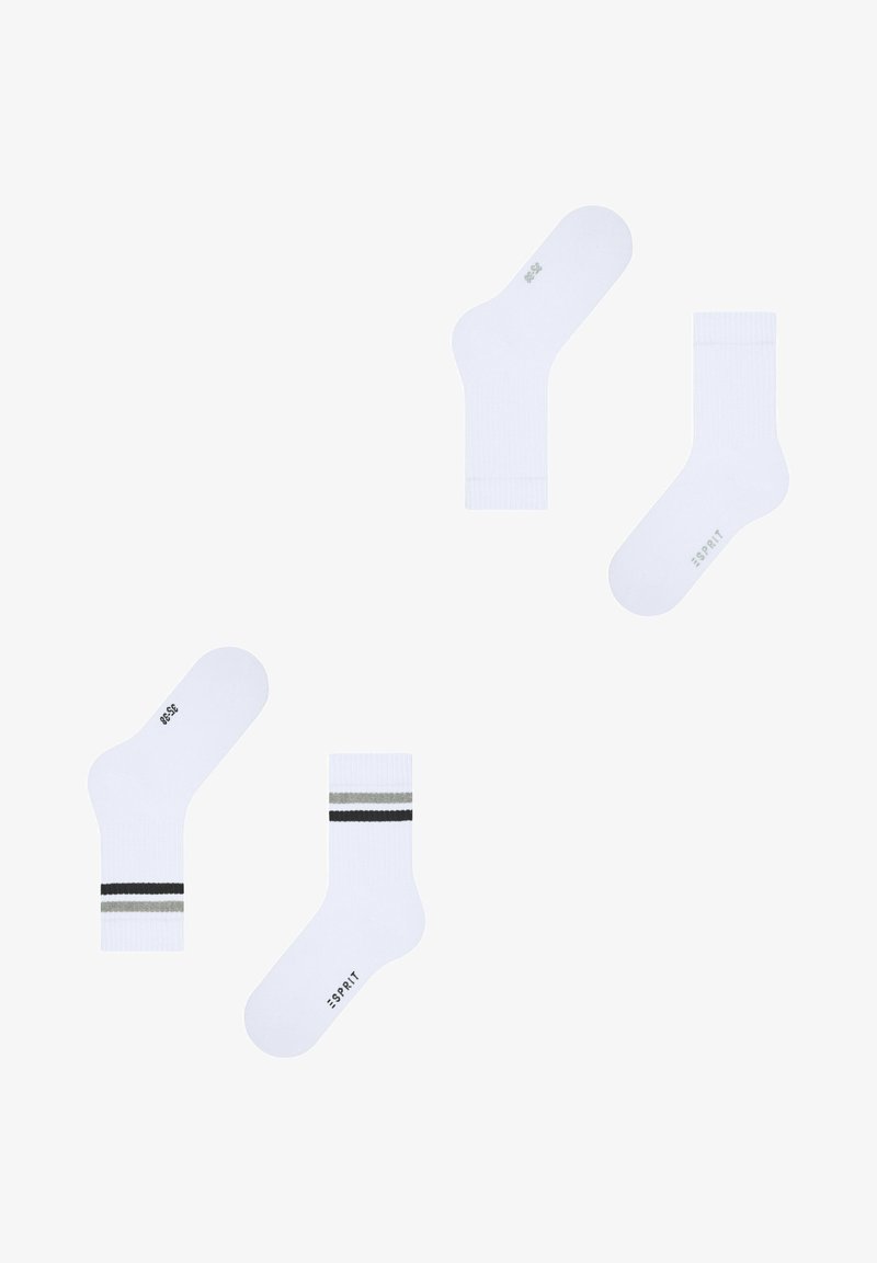 Weiße Baumwollsocken, die aus zwei Paaren bestehen: einem einfarbigen Paar und einem Paar mit schwarz-grauen Streifen. Beide haben gerippte Bündchen und gestempelte Marken.