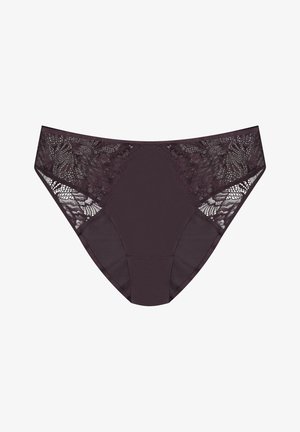Burgundowe damskie majtki z koronkowymi bocznymi panelami, posiadające gładki przód i tył oraz średni stan. Miękka tekstura materiału.
