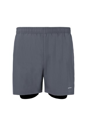 Graue Sportshorts mit einem elastischen Bund, die über ein Innenfutter und ein Logo in der unteren rechten Ecke verfügen. Leicht und mit glatter Textur.