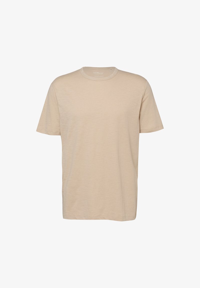 T-shirt beige à manches courtes et col rond, de couleur unie, suspendu sur un fond blanc.