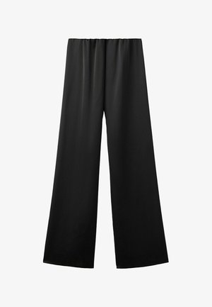 Pantaloni negri cu croială largă și talie elastică, confecționați dintr-un material fin, așezați pe fundal alb.