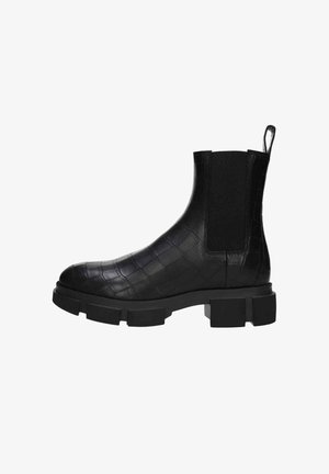 Black leather ankle boots with a croc-embossed pattern, elastic side panels, and a thick, rugged sole. Loop detail at the back for easy wear.