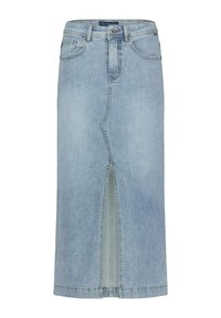 Lichtblauwe denim rok met een rechte snit, voorjaloezie, riemlussen en vijfzakdesign. Ongelaagde zoom aan de onderkant.