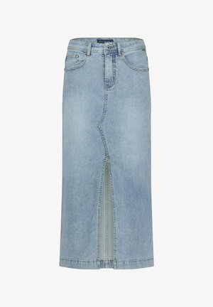 Lichtblauwe denim rok met een rechte snit, voorjaloezie, riemlussen en vijfzakdesign. Ongelaagde zoom aan de onderkant.