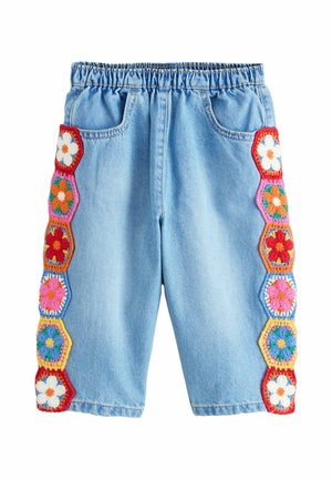 Light blue denim shorts with elastic waist, featuring colorful crocheted flower patches along both outer legs.