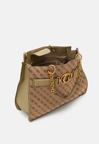 Bruine tas met patroon en olijfgroene accenten, schakelsluiting, gouden details en een brede opening. Voorzien van een magnetische sluiting en meerdere vakken.