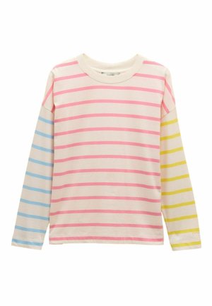 Langärmliges Oberteil in Creme mit horizontalen rosa, blauen und gelben Streifen. Verfügt über einen runden Ausschnitt und einen weichen, leichten Stoff.