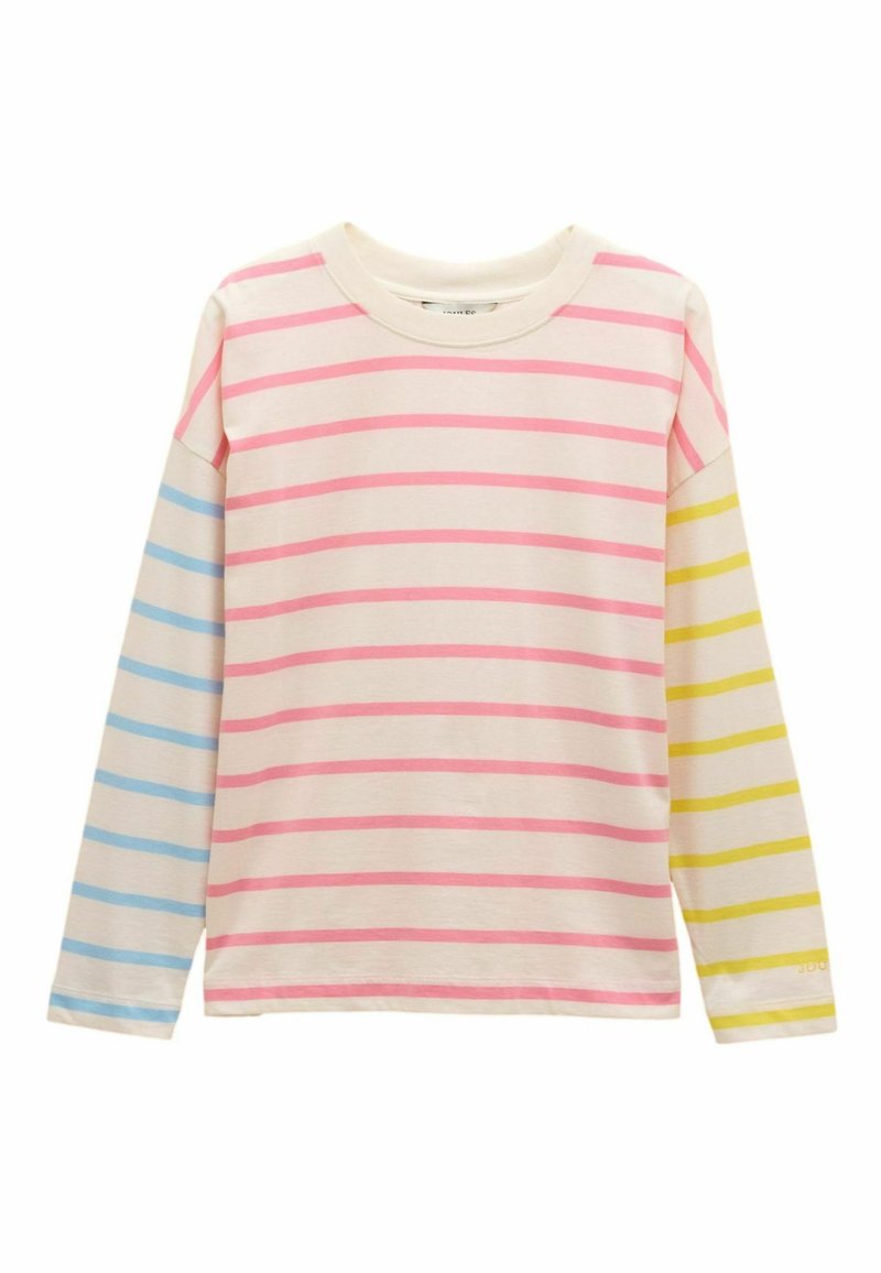 Langärmliges Oberteil in Creme mit horizontalen rosa, blauen und gelben Streifen. Verfügt über einen runden Ausschnitt und einen weichen, leichten Stoff.