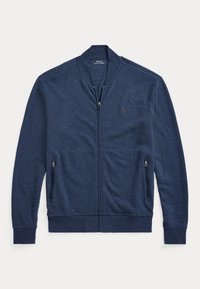 Giacca zip-up blu navy realizzata in materiale morbido, con colletto alto, due tasche laterali con zip e un piccolo logo sul petto.