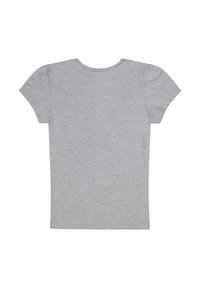 Szara koszulka z krótkim rękawem i okrągłym dekoltem, wykonana z miękkiej bawełny, charakteryzująca się gładką fakturą oraz prostym, eleganckim wzornictwem.