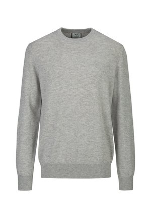 Hellgrauer Langarm-Pullover mit Rundhalsausschnitt, gerippten Bündchen und Saum, dargestellt vor weißem Hintergrund.