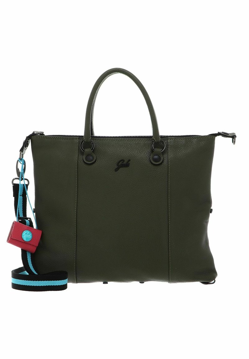 Sac à main en cuir vert foncé avec deux poignées, une fermeture éclair et une bandoulière amovible. Présente des accents de matériel colorés et un détail de logo.