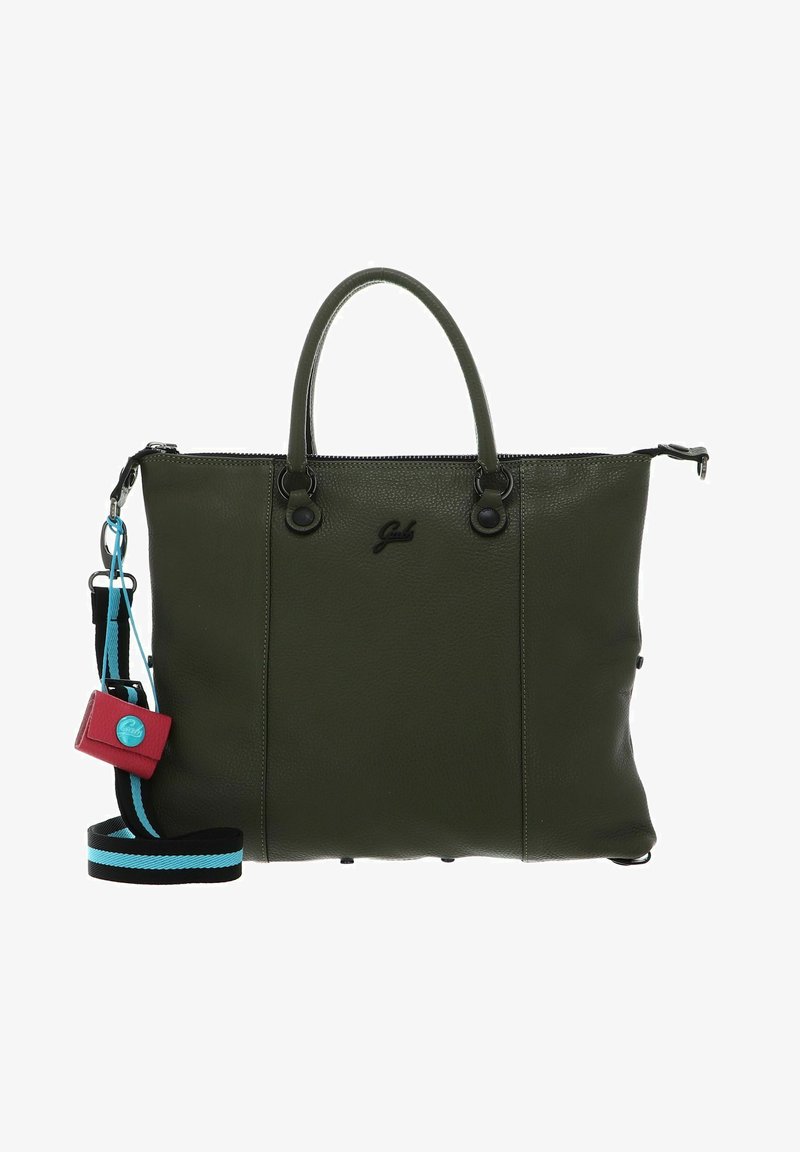 Sac à main en cuir vert foncé avec deux poignées, une fermeture éclair et une bandoulière amovible. Présente des accents de matériel colorés et un détail de logo.