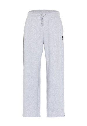 Hellgraue Jogginghose mit elastischem Bund und Kordelzug, schwarzen Seitenstreifen und kleinem schwarzen Logo am oberen linken Oberschenkel.