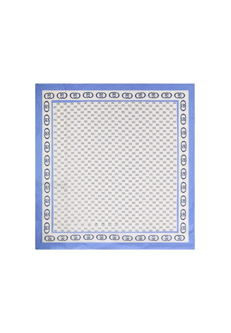Foulard di seta con un centro bianco caratterizzato da un motivo geometrico blu, bordato da un bordo blu solido e motivi circolari ripetuti in blu scuro.