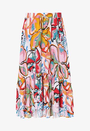 Sukně s květinovým vzorem v živých barvách, jako jsou růžová, červená, žlutá a zelená. Elastický pas s šňůrkou a našitým volánem.