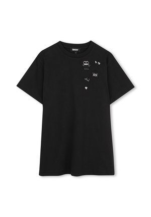 Black short-sleeve T-shirt with small white embroidered patches of a shirt, sunglasses, cap, bag with "89," and a heart on the upper left chest.