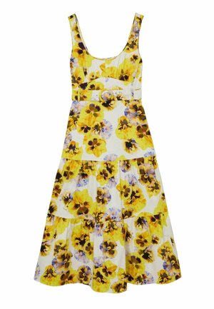 Ujjatlan fehér midi ruha sárga és lila virágmintával, testhezálló derék rész egyező övvel, kerek csattal.