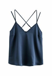 Mörkblå satin camisole med V-ringning, tunna justerbara axelband och korsad ryggdesign. Slät textur och minimalistisk stil.