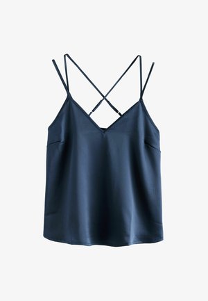 Aziertig blauwe satijnen top met een V-hals, dunne verstelbare bandjes en een kruisrugdesign. Gladde textuur en minimalistische stijl.