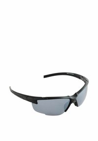 Melni sporta saulesbrilles ar apjojošu dizainu, spoguļoti pelēki stikli, ergonomiskas melnas kājiņas un teksturēti akcenti uz kājiņām.