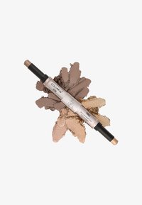 Duale makeupstick met een metallic afwerking in bruine tinten, met een slank ontwerp, zwarte behuizing en contrasterende gouden punt.