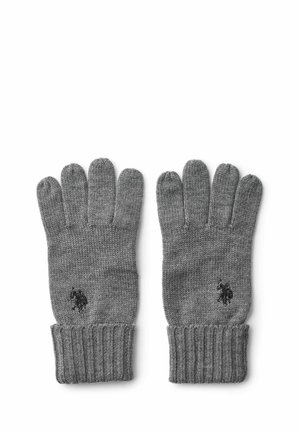 Paire de gants tricotés gris avec poignets côtelés et petits logos brodés noirs cheval et cavalier sur le dos des mains.