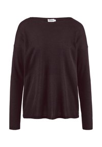 Maglione nero a maniche lunghe con un ampio scollo a barca, realizzato in un tessuto morbido. Presenta cuciture delle spalle scese e una vestibilità rilassata.