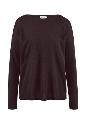 Schwarzer Pullover mit langen Ärmeln und weitem, U-Boot-Ausschnitt, aus einem weichen Stoff gefertigt. Verfügt über überschnittene Schulternähte und eine lockere Passform.