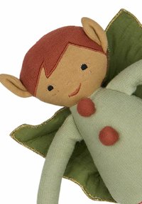 Soft fabric doll with red hair, tan face, green outfit, and pointed ears. Wings are green with a gold trim; features two red buttons.