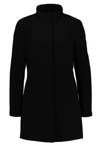 Abrigo negro con cuello alto, mangas largas y corte recto. Fabricado en tejido suave y texturizado, con bolsillos laterales y un detalle mínimo.