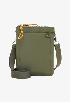 Olive green crossbody bag with front pocket, adjustable strap, top zipper with yellow pull cords, and small orange logo patch.