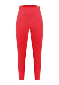 Red leggings with a high waistband, made from a smooth, stretchy material. The design is form-fitting and seamless throughout.