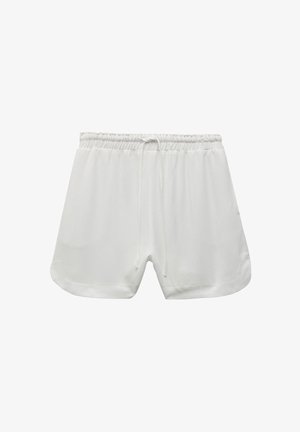 Valkoiset urheilushortsit, joissa on elastinen vyötärönauha ja nyöri. Pehmeä, sileä kangas, löysä istuvuus ja kaareva helmaliina.