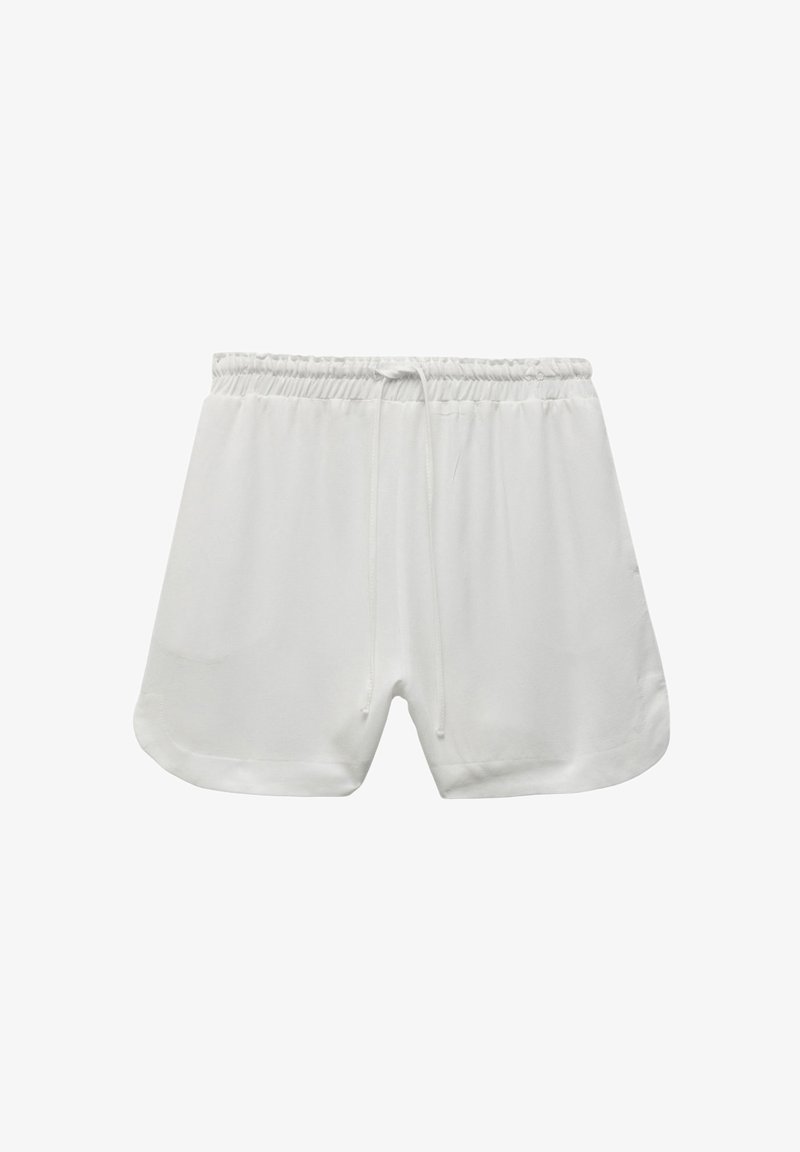 Valkoiset urheilushortsit, joissa on elastinen vyötärönauha ja nyöri. Pehmeä, sileä kangas, löysä istuvuus ja kaareva helmaliina.