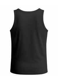 Black sleeveless tank top displayed from the back, featuring a round neckline and smooth fabric texture. Minimalistic design with no embellishments.