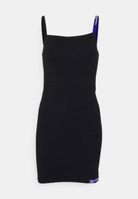 Vestido negro ajustado con tirantes finos, escote cuadrado y detalle de logo lateral en azul. Hecho de tela lisa y elástica.